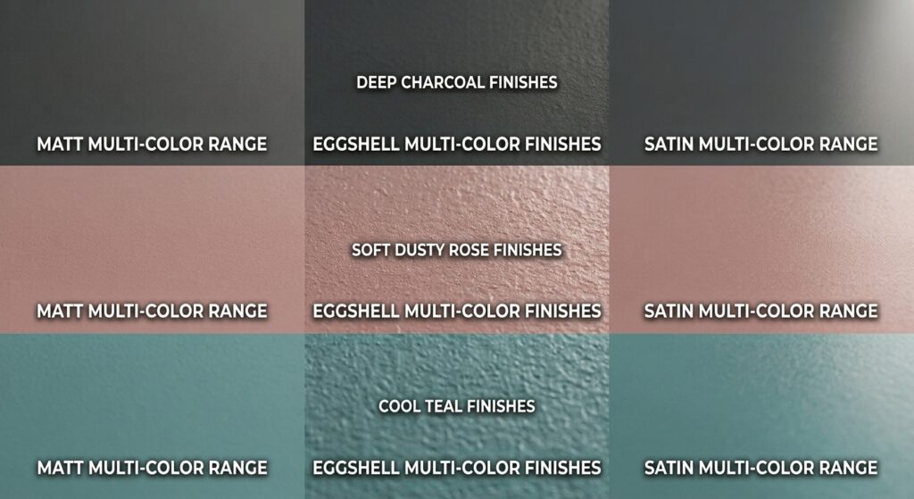Matt, eggshell and satin paint finish comparison